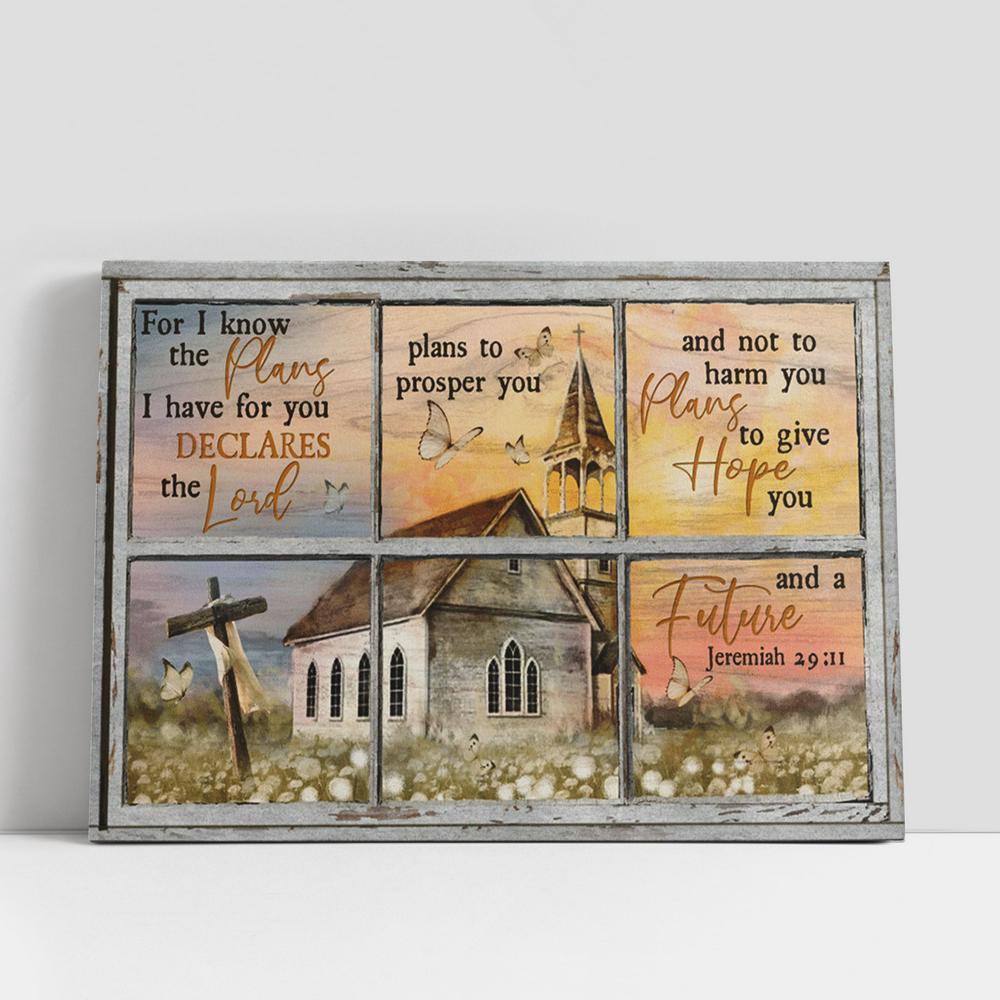 Christian Canvas Wall Art, For I Know The Plans I Have For You White Church Dadelion Butterflies Large Canvas Art