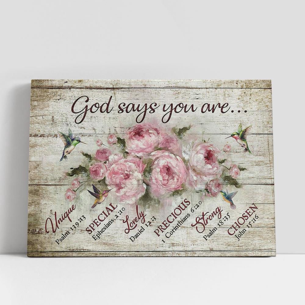 Christian Canvas Wall Art, God Says You Are Hummingbird Pink Flower Canvas Wall Art, Christian Canvas Art