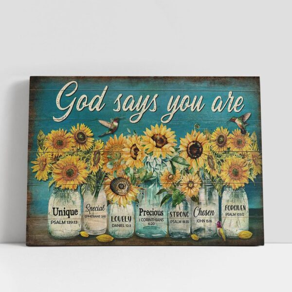 Christian Canvas Wall Art, God Says You Are Sunflower Jar Hummingbird Canvas Prints, Christian Canvas Art