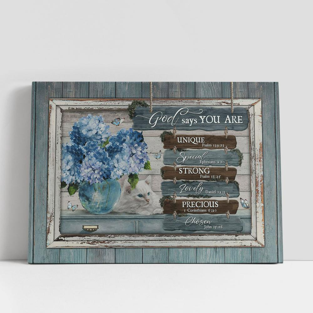 Christian Canvas Wall Art, God Says You Are Unique Blue Hydrangeas, White Cat Wall Art Canvas, Christian Canvas Art Christian Canvas Wall Art, God Says You Are Unique Blue Hydrangeas, White Cat Wall Art Canvas, Christian Canvas Art