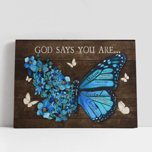 Christian Canvas Wall Art, God Says You Are Unique Butterfly Blue Flower Canvas Prints, Christian Canvas Art