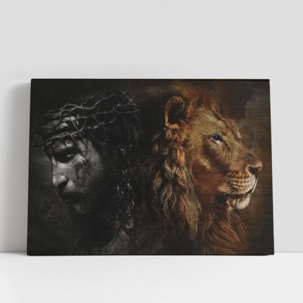 Christian Canvas Wall Art, Great Lion Of Judah, Crown Of Thorns, Awesome Jesus And Lion Painting Canvas Poster, Christian Canvas Art