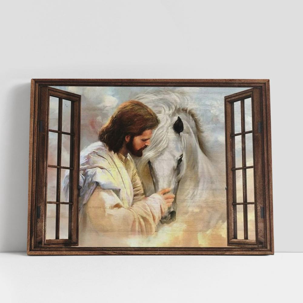 Christian Canvas Wall Art, Horse Painting, Jesus Drawing, Window Frame, In Beautiful Heaven Canvas Poster, Christian Canvas Art