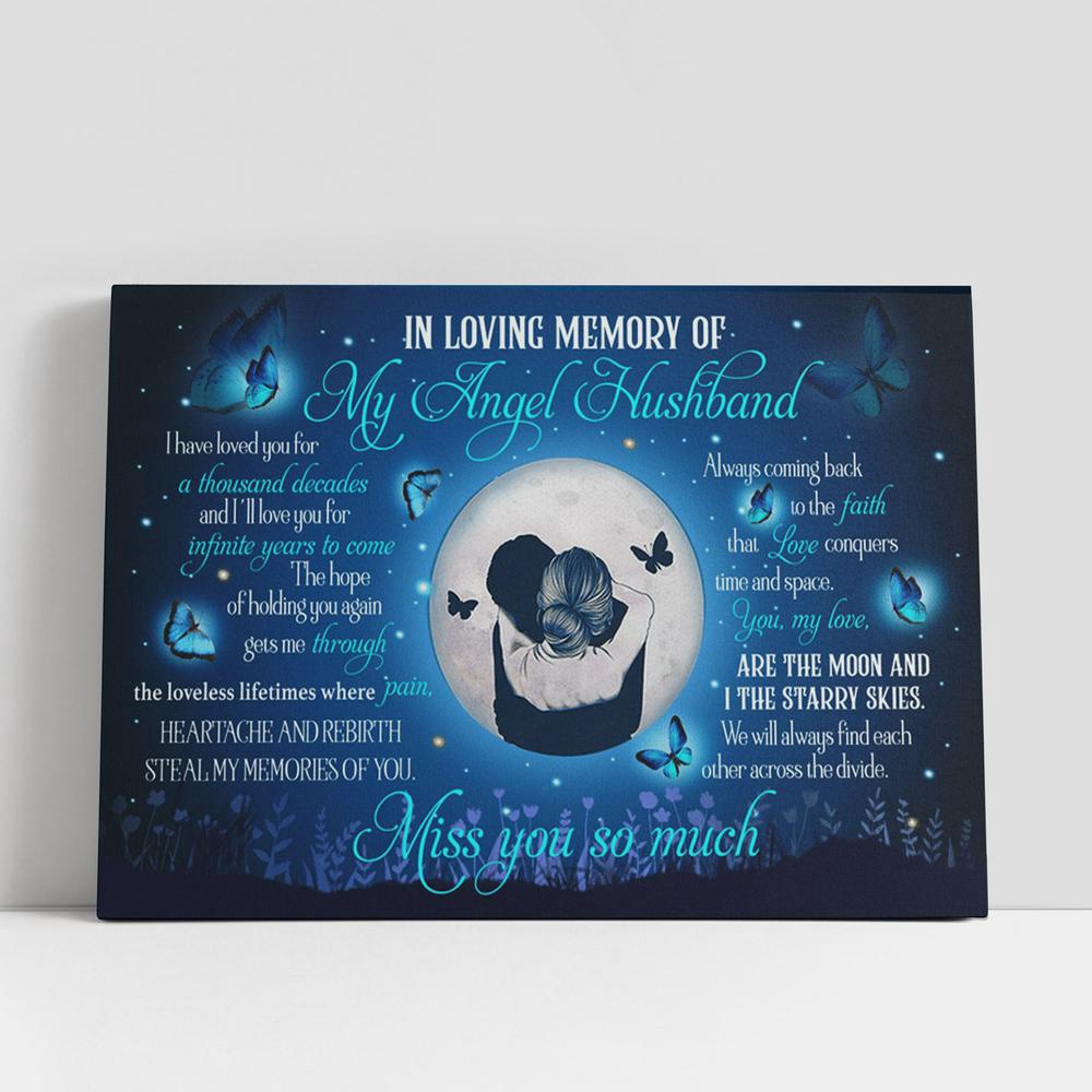 Christian Canvas Wall Art, In Loving Memory Of My Angel Husband Blue Butterfly Moon Flower Hug Large Canvas, Christian Canvas Art Christian Canvas Wall Art, In Loving Memory Of My Angel Husband Blue Butterfly Moon Flower Hug Large Canvas, Christian Canvas Art