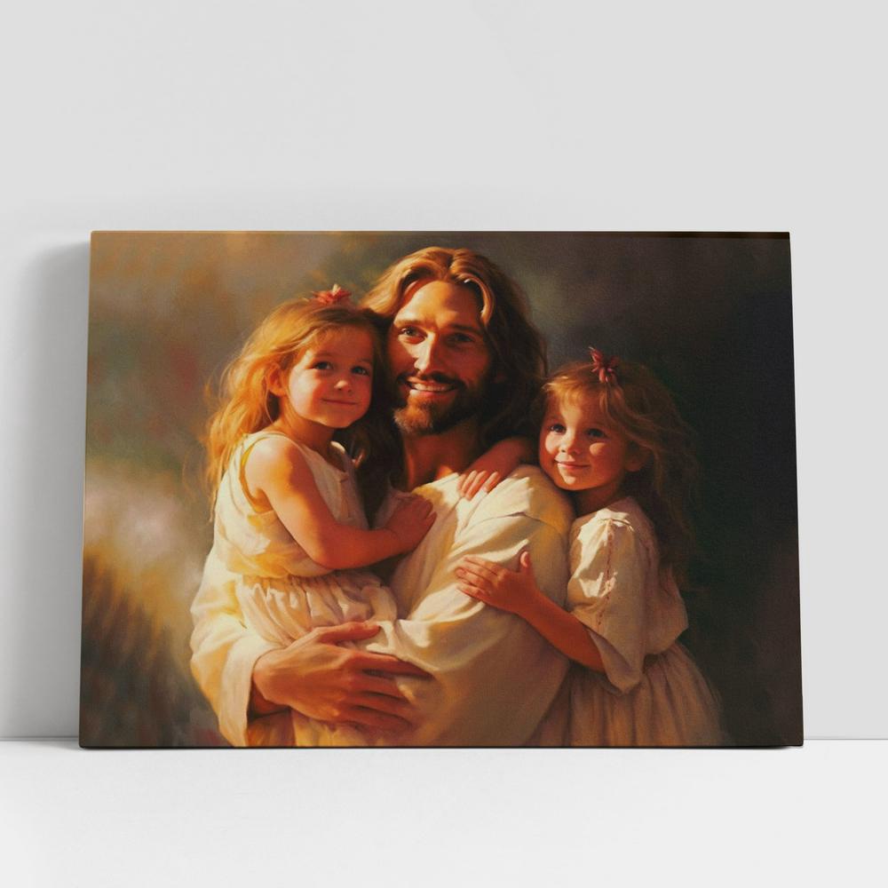 Christian Canvas Wall Art, Jesus Christ And Two Little Girls Canvas Prints, Jesus Christ Picture, Jesus Canvas Art, Christian Canvas Art