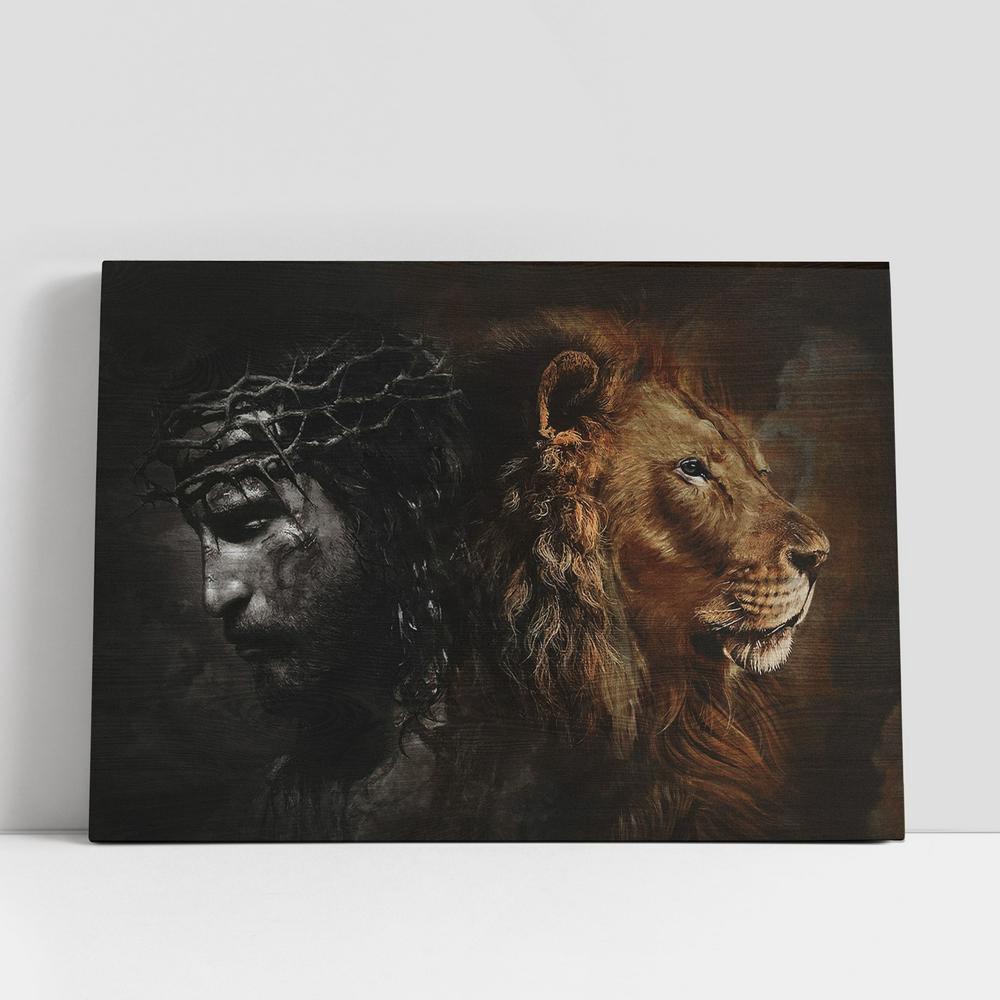 Christian Canvas Wall Art, Jesus Crown Of Thorns And Lion Canvas Art Decor, Christian Canvas Art