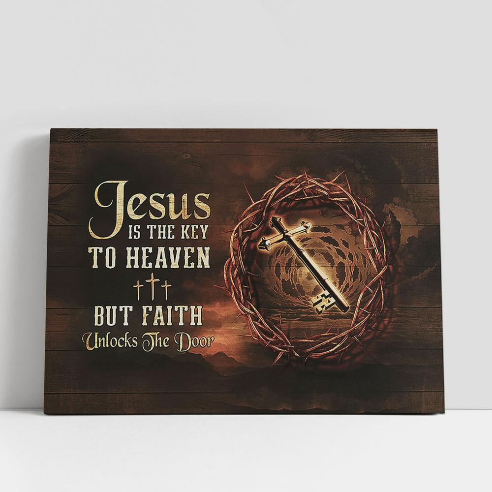Christian Canvas Wall Art, Jesus Is The Key To Heaven Special Key Thorn Crown Three Crosses Canvas Art Decor, Christian Canvas Art