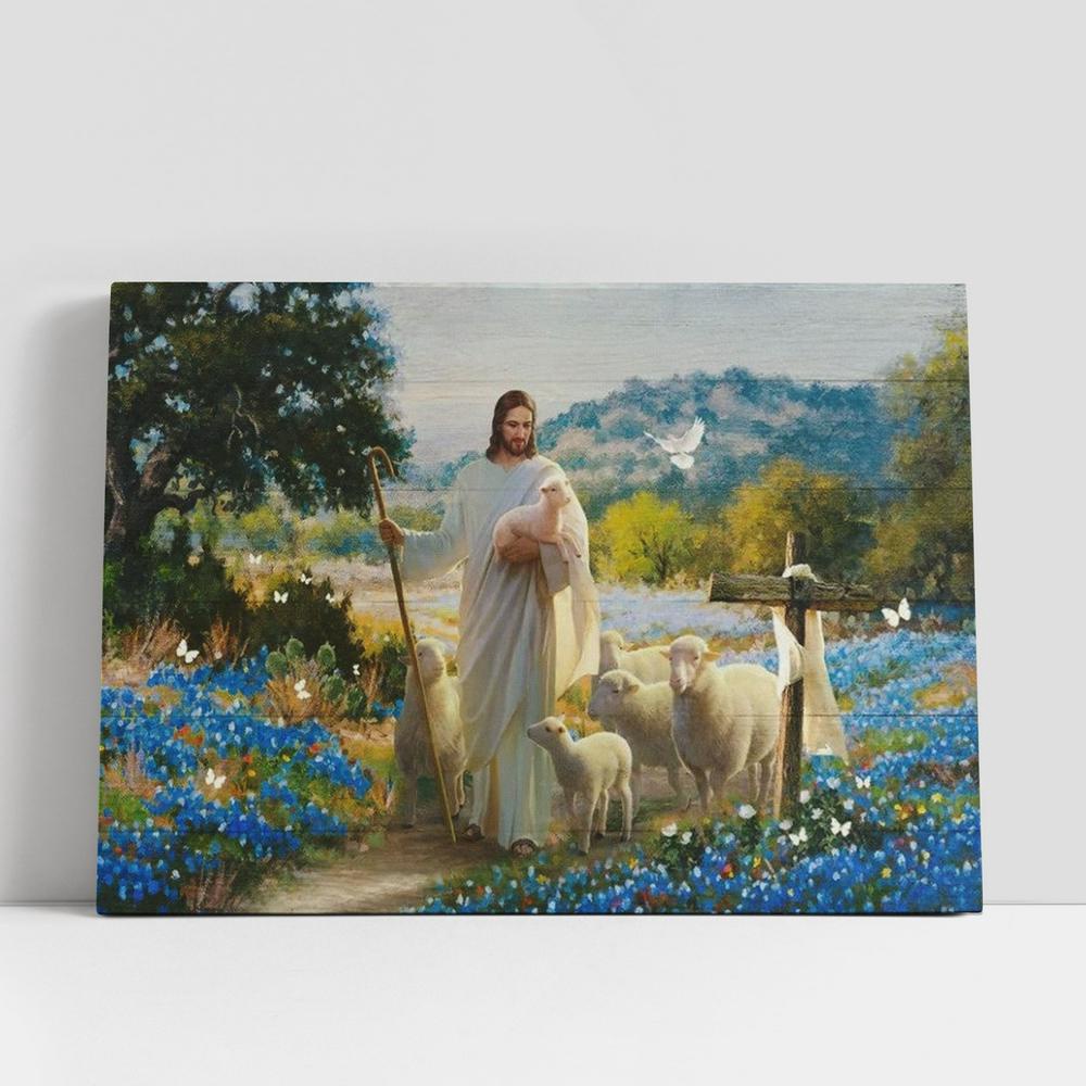 Christian Canvas Wall Art, Jesus Lambs Of God Blue Flowers Cross Canvas Poster, Christian Canvas Art