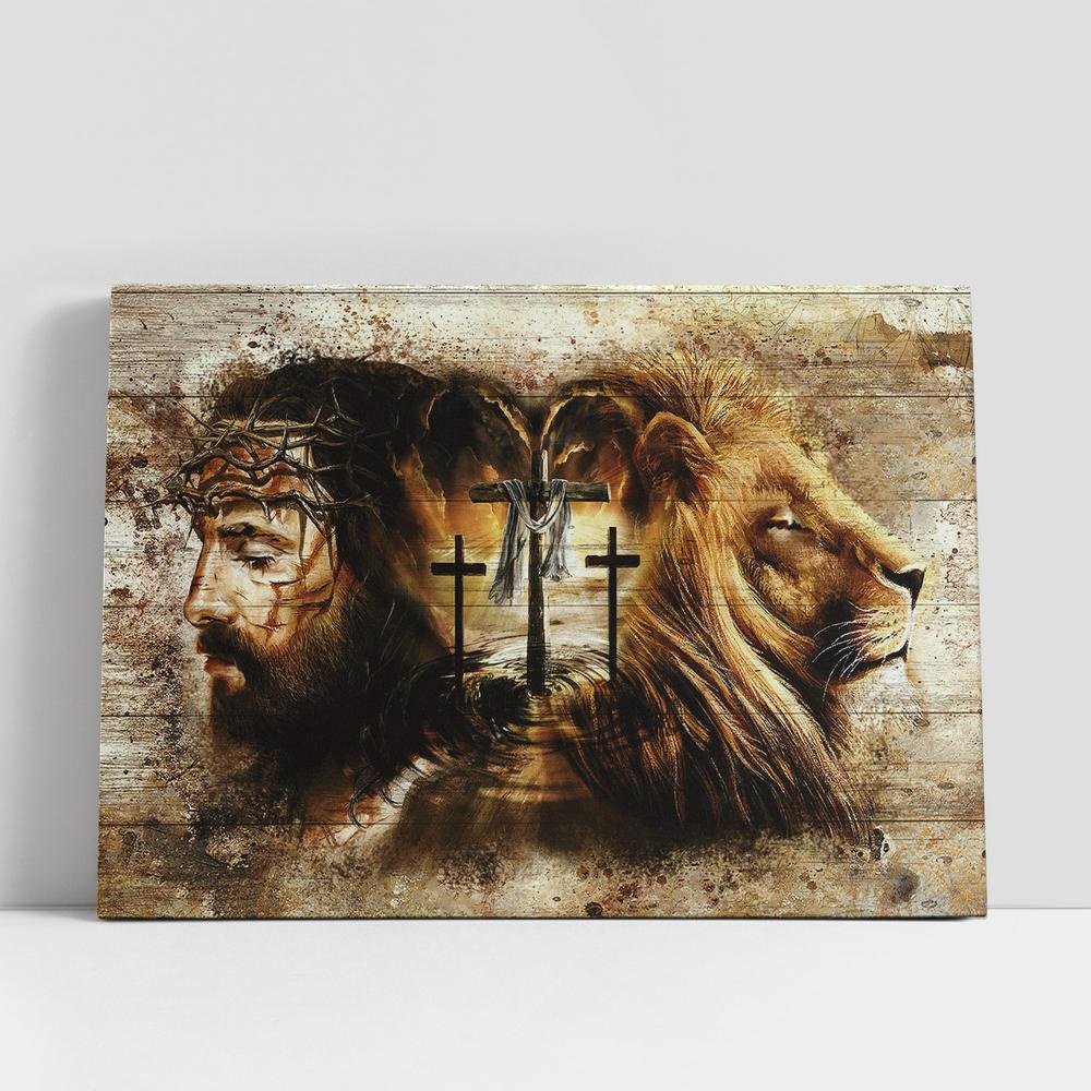 Christian Canvas Wall Art, Jesus Lion Of Judah Three Wooden Crosses Canvas Art Decor, Christian Canvas Art