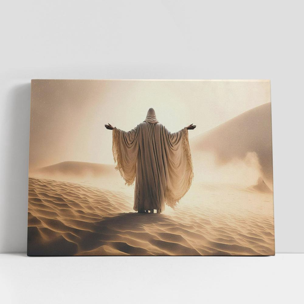 Christian Canvas Wall Art, Jesus Man Coat Stand Desert Sands During Storm Raising Hands Praying Canvas Pictures, Faith Art, Christian Canvas Art