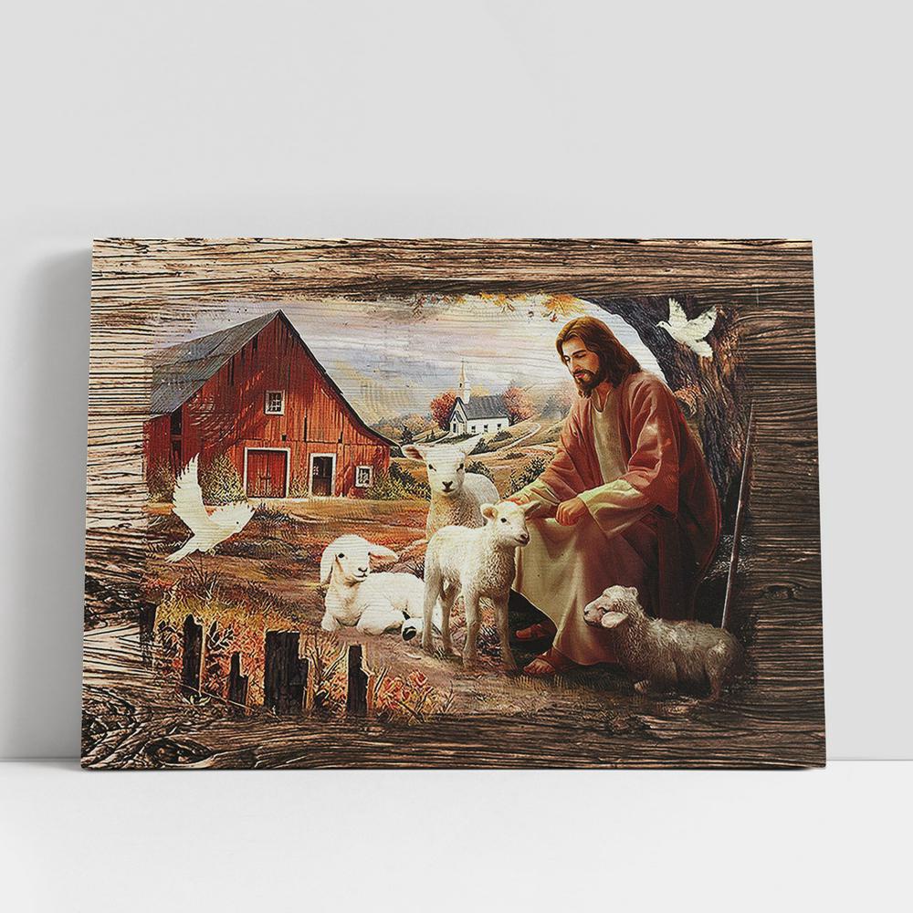 Christian Canvas Wall Art, Jesus Sitting with the lambs Dove Canvas Wall Art, Christian Canvas Art