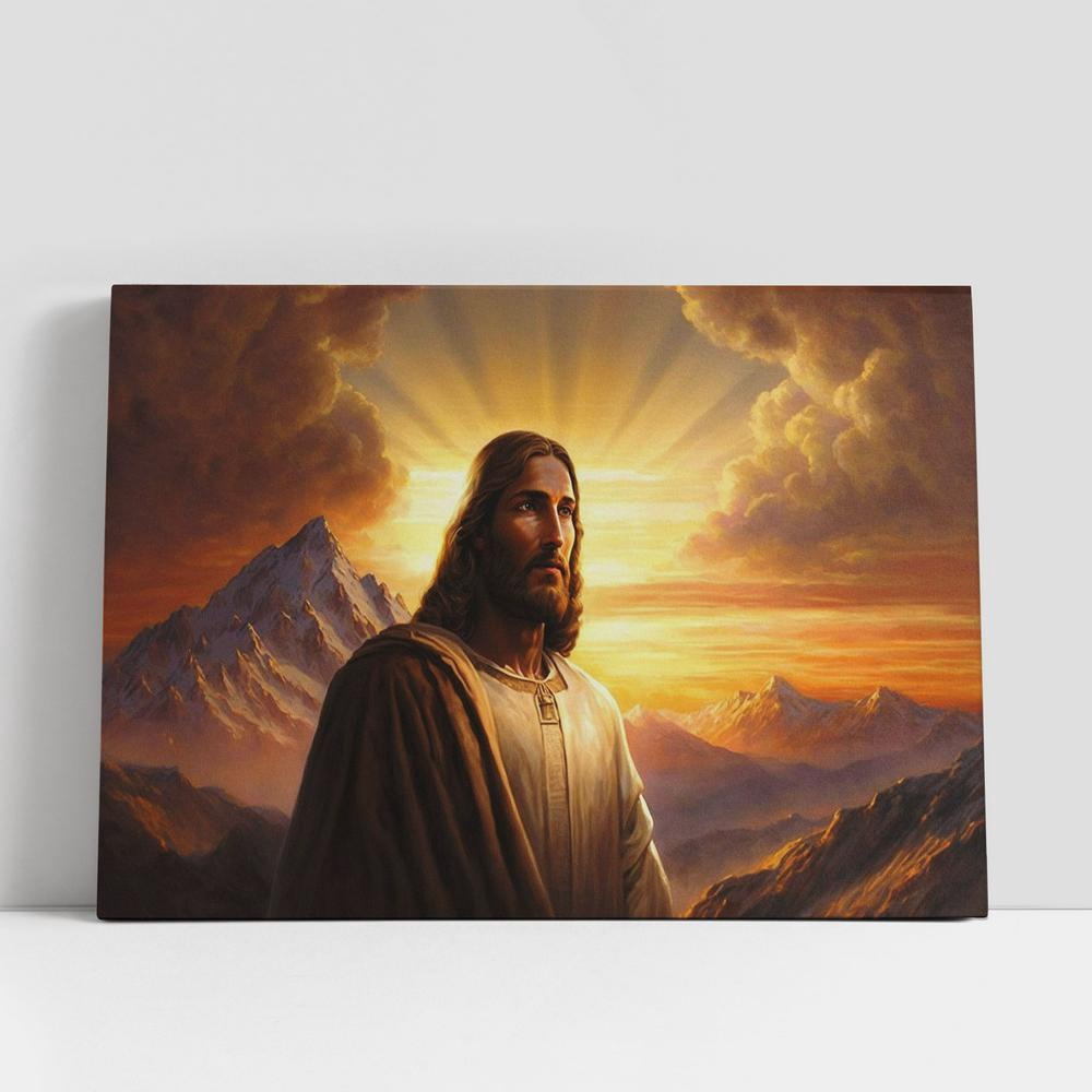 Christian Canvas Wall Art, Jesus Standing Front Mountain With Sun Shining Him Canvas Pictures, Faith Art, Christian Canvas Art