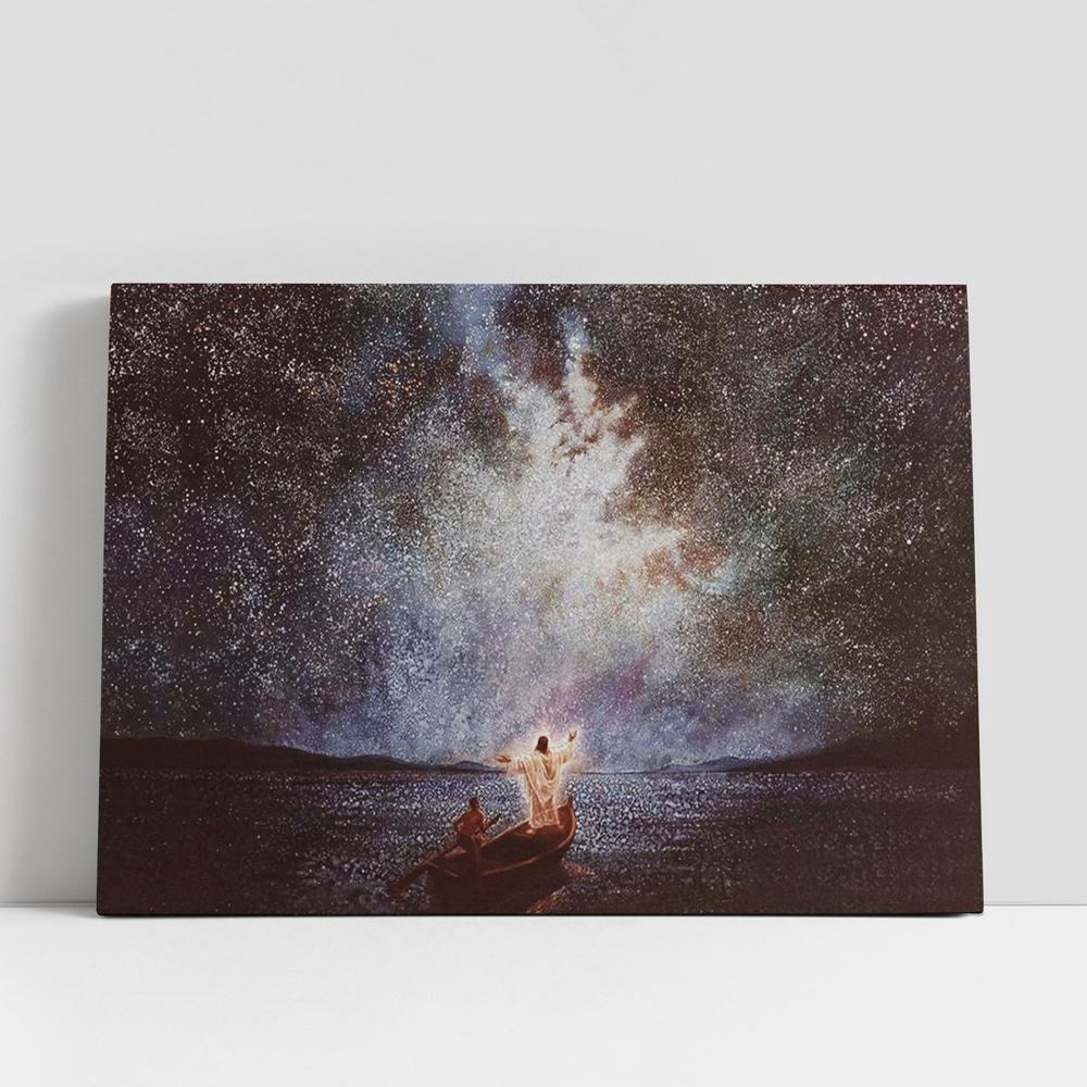 Christian Canvas Wall Art, Jesus Standing On The Bow Of A Boat Canvas, Calm And Stars Large Canvas, Christian Canvas Art