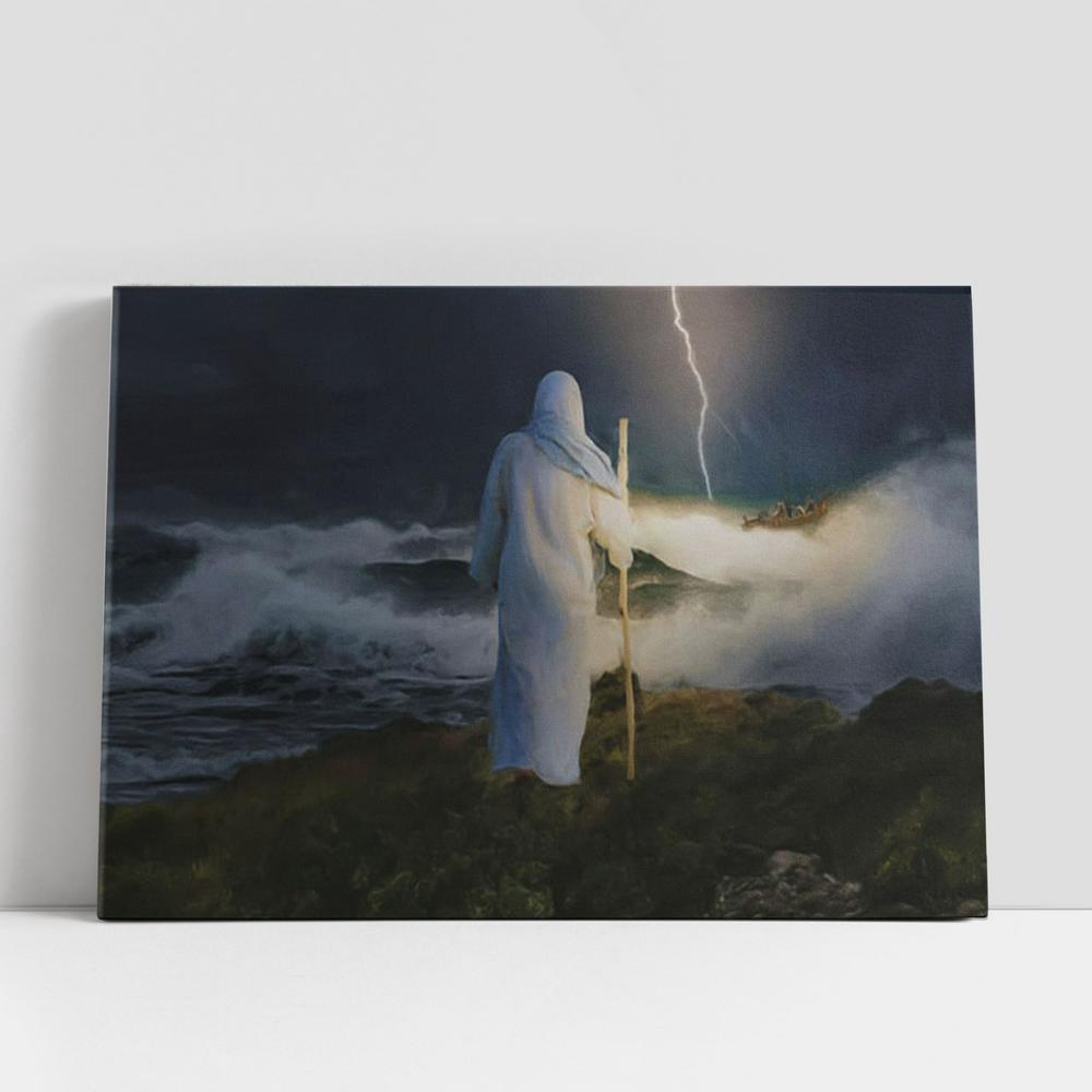 Christian Canvas Wall Art, Jesus Standing On The Rock Shore Of A Stormy Sea Canvas Art Decor, Christian Canvas Art