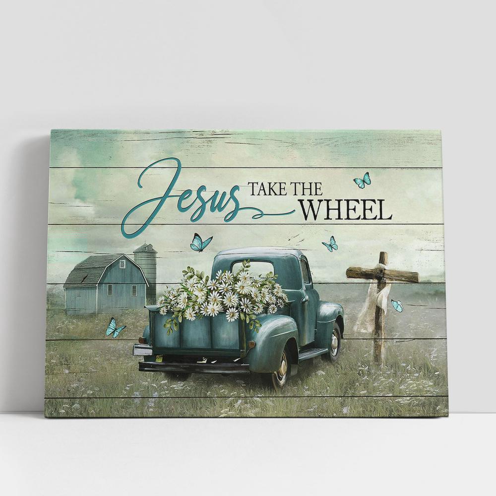 Christian Canvas Wall Art, Jesus Take The Wheel Daisy Field Ladybug Car Canvas Wall Art, Christian Canvas Art
