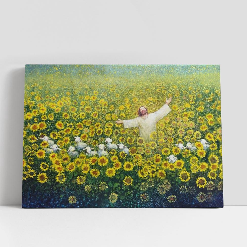 Christian Canvas Wall Art, Jesus The Lambs And Sunflower Canvas, Be Glad And Rejoice Large Canvas, Christian Canvas Art
