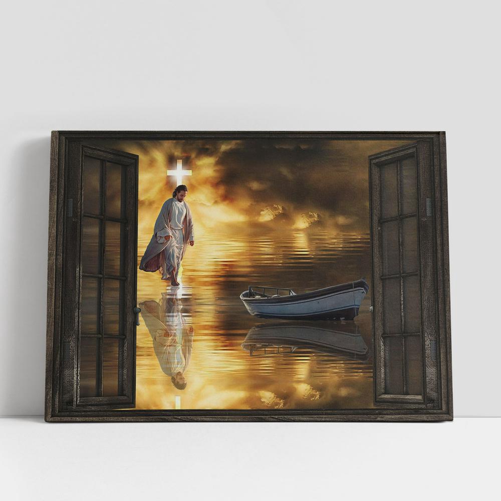 Christian Canvas Wall Art, Jesus Walking On The Water In Window Frame Canvas Prints, Christian Canvas Art