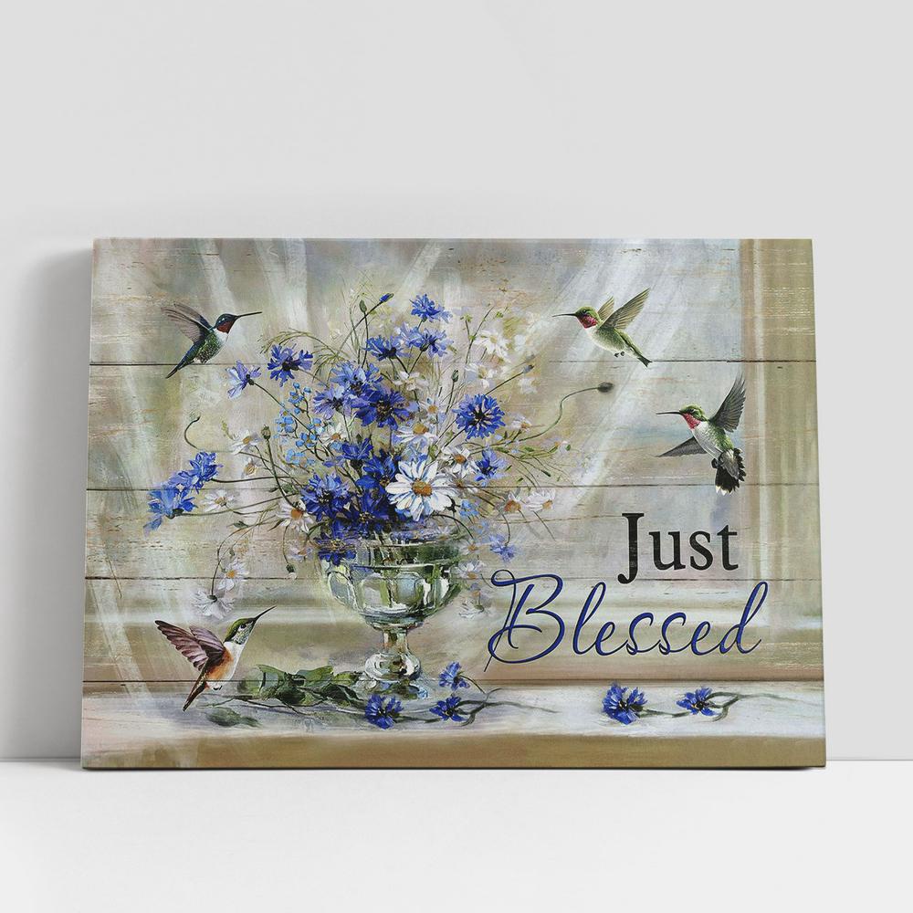 Christian Canvas Wall Art, Just Blessed Daisy Flower Hummingbirds Canvas Wall Art, Christian Canvas Art
