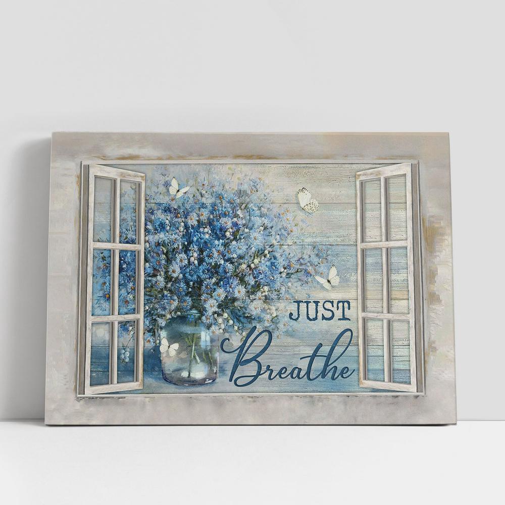 Christian Canvas Wall Art, Just Breathe Blue Daisy Vase Butterfly Wall Art Canvas, Religious Art, Christian Canvas Art