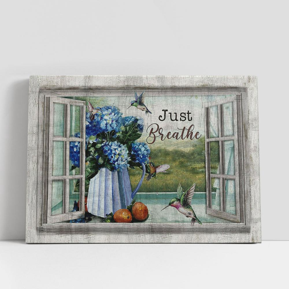 Christian Canvas Wall Art, Just Breathe Blue Hydrangea Hummingbird Canvas Wall Art, Christian Canvas Art