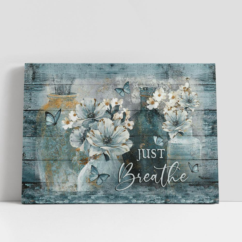 Christian Canvas Wall Art, Just Breathe Camellia Blue Butterfly Canvas Art, Bible Verse Wall Art, Christian Canvas Art