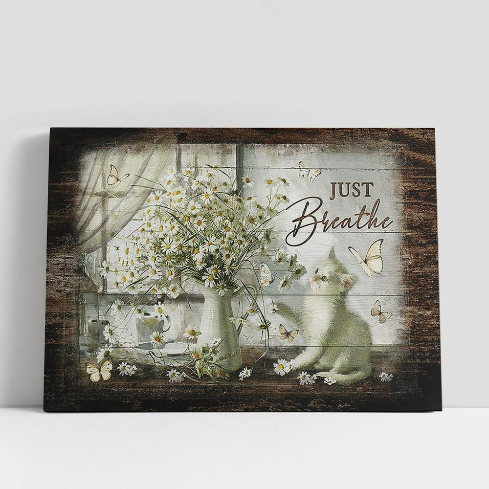 Christian Canvas Wall Art, Just Breathe Cat Vintage Flower Daisy Vase Canvas Painting, Gifts For Cat Lovers, Christian Canvas Art