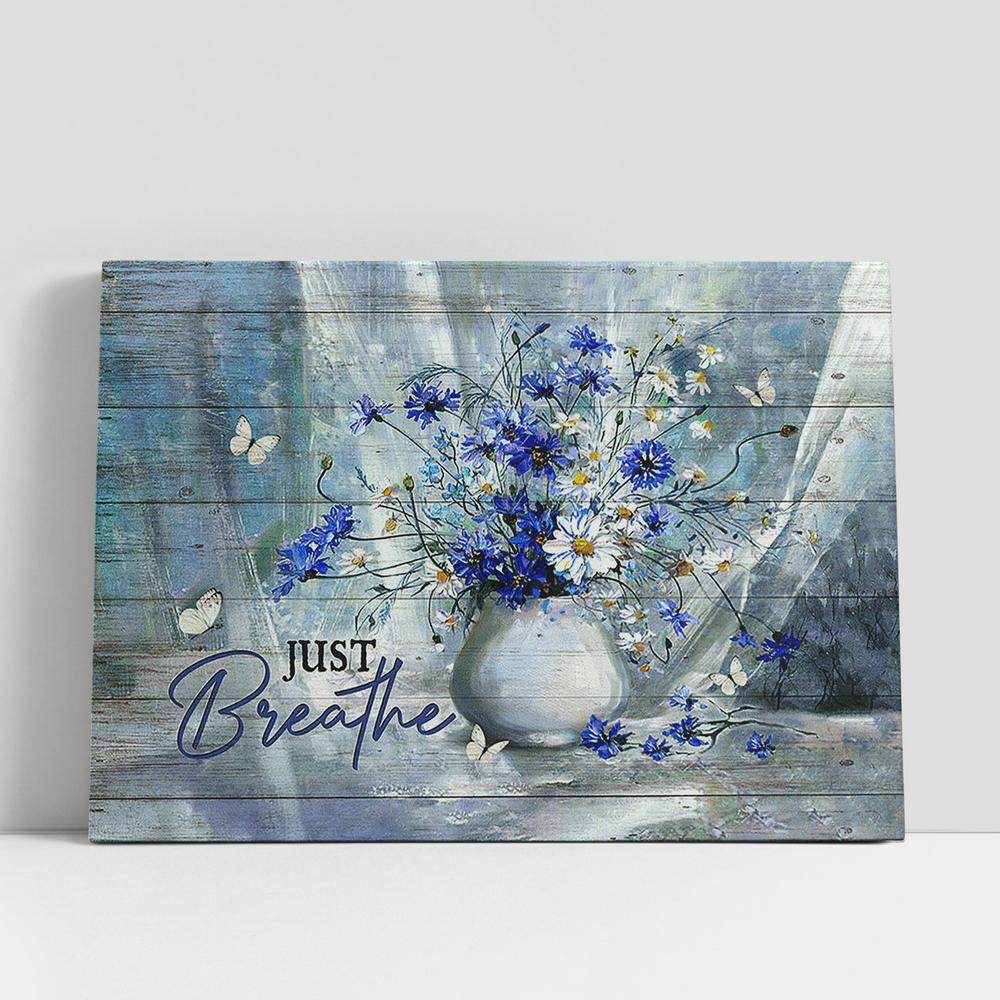 Christian Canvas Wall Art, Just Breathe Flower Daisy Vase Canvas Art, Bible Verse Wall Art, Christian Canvas Art