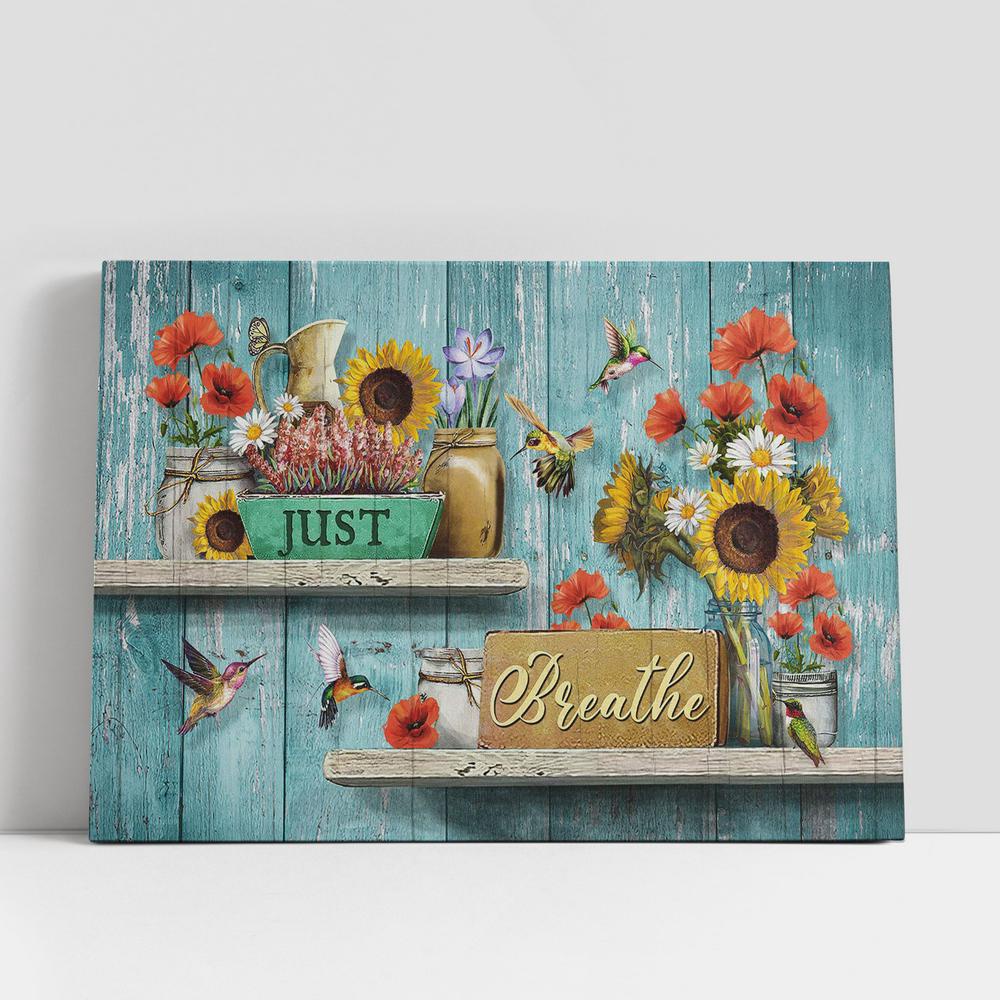 Christian Canvas Wall Art, Just Breathe Flower Hummingbird Canvas Art Decor, Christian Canvas Art