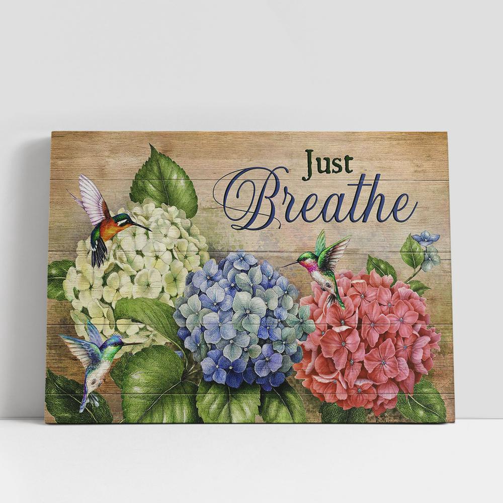 Christian Canvas Wall Art, Just Breathe Hydrangea, Hummingbirds Wall Art Canvas, Religious Art, Christian Canvas Art