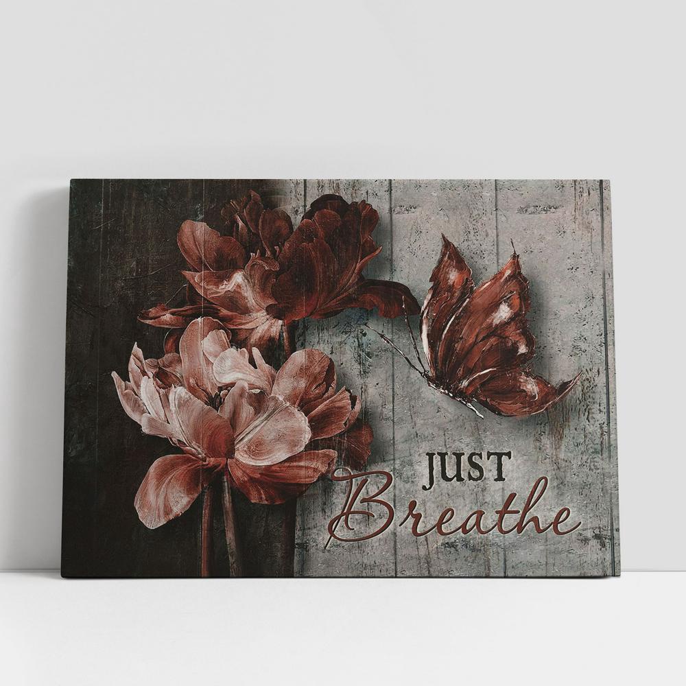 Christian Canvas Wall Art, Just Breathe Luxury Flower Dark Red Butterfly Canvas Art Decor, Christian Canvas Art