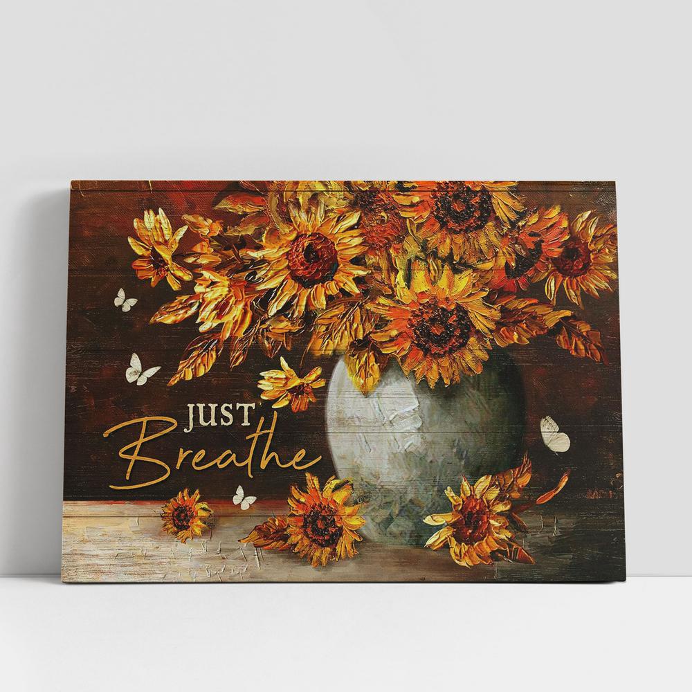 Christian Canvas Wall Art, Just Breathe Sunflower White Butterfly Canvas Art Decor, Christian Canvas Art