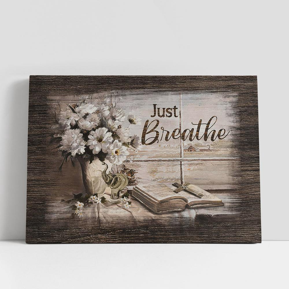 Christian Canvas Wall Art, Just Breathe White Daisy Bible Cross Canvas Art, Bible Verse Wall Art, Christian Canvas Art