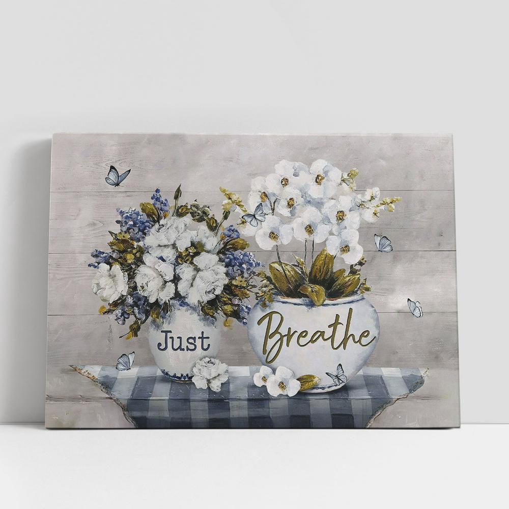 Christian Canvas Wall Art, Just Breathe White Orchid Butterfly Canvas Art, Bible Verse Wall Art, Christian Canvas Art