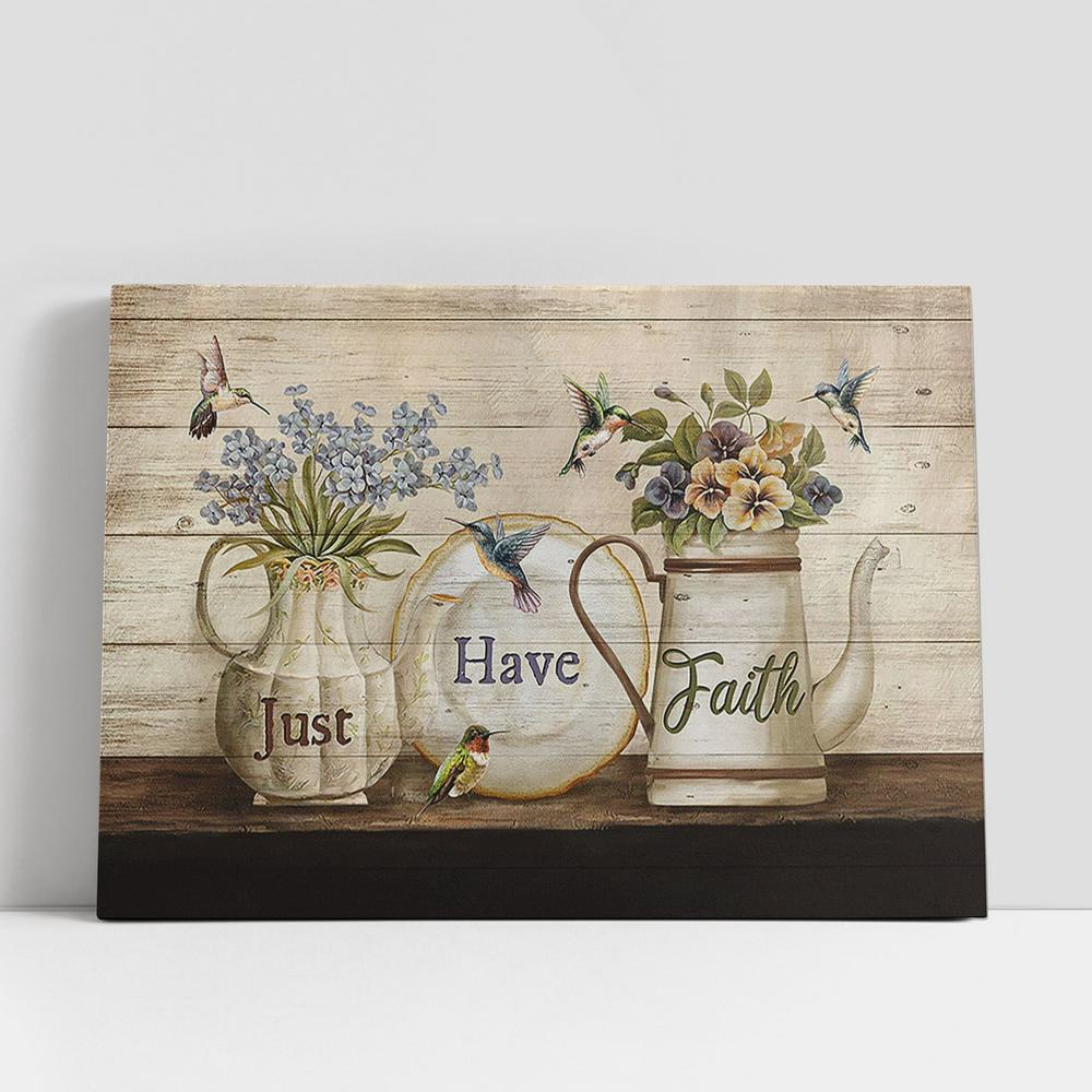 Christian Canvas Wall Art, Just Have Faith Blue Small Flowers Hummingbirds Wall Art Canvas, Christian Gifts Wall Art
