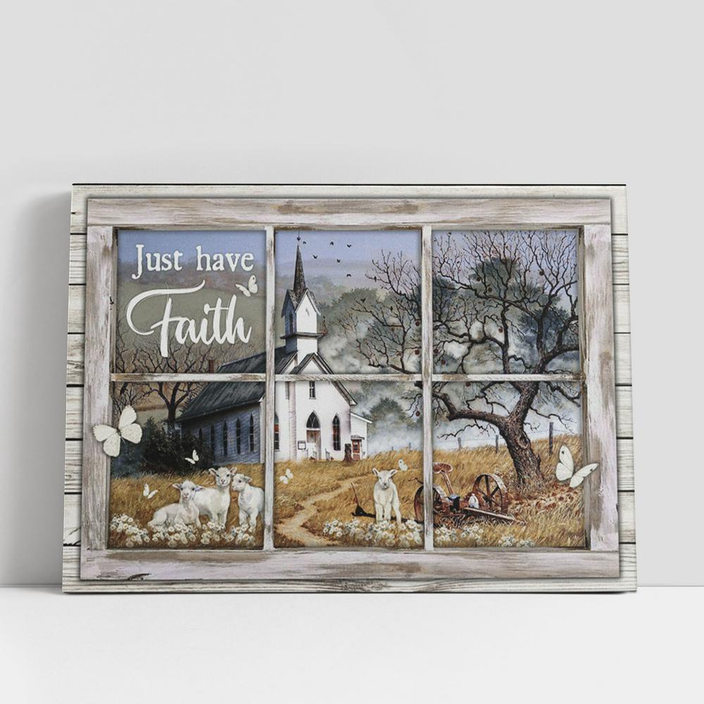 Christian Canvas Wall Art, Just Have Faith White Church Sheep Butterfly Large Canvas