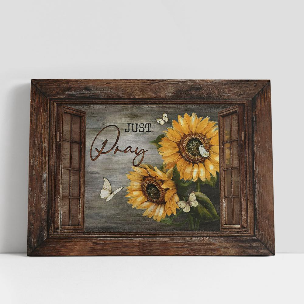 Christian Canvas Wall Art, Just Pray Sunflower Vintage Window Butterfly Canvas Wall Art Christian Canvas Wall Art, Just Pray Sunflower Vintage Window Butterfly Canvas Wall Art