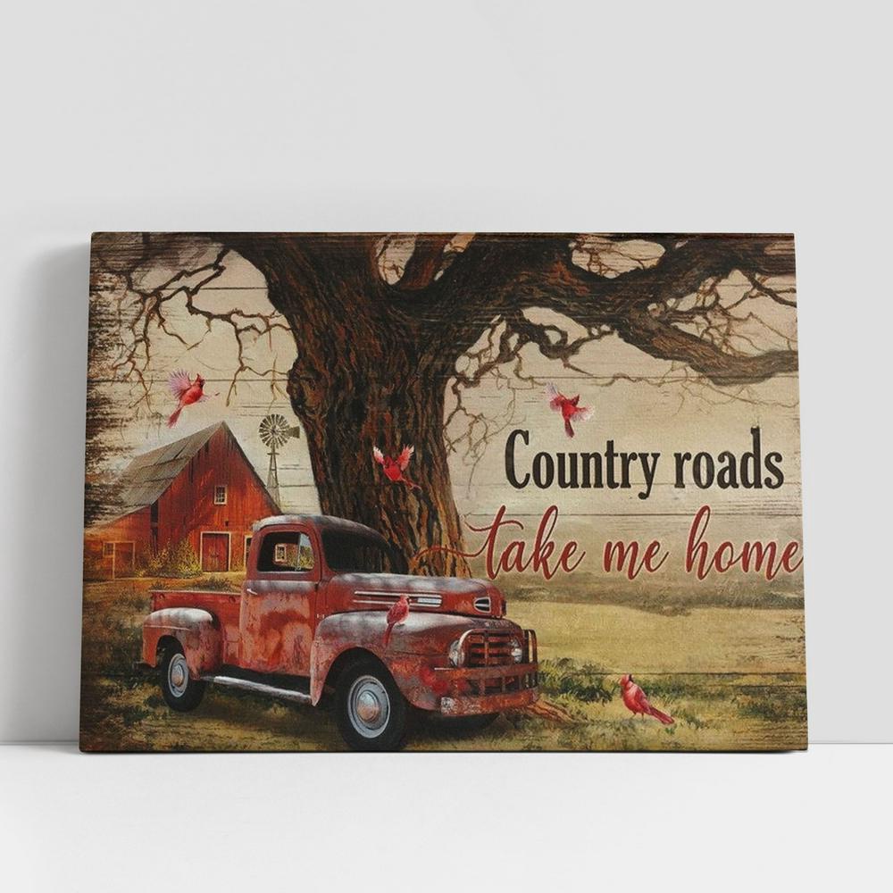 Christian Canvas Wall Art, Ladybug Car, Cardinal, Countryside Painting, Country Roads Take Me Home Canvas Poster