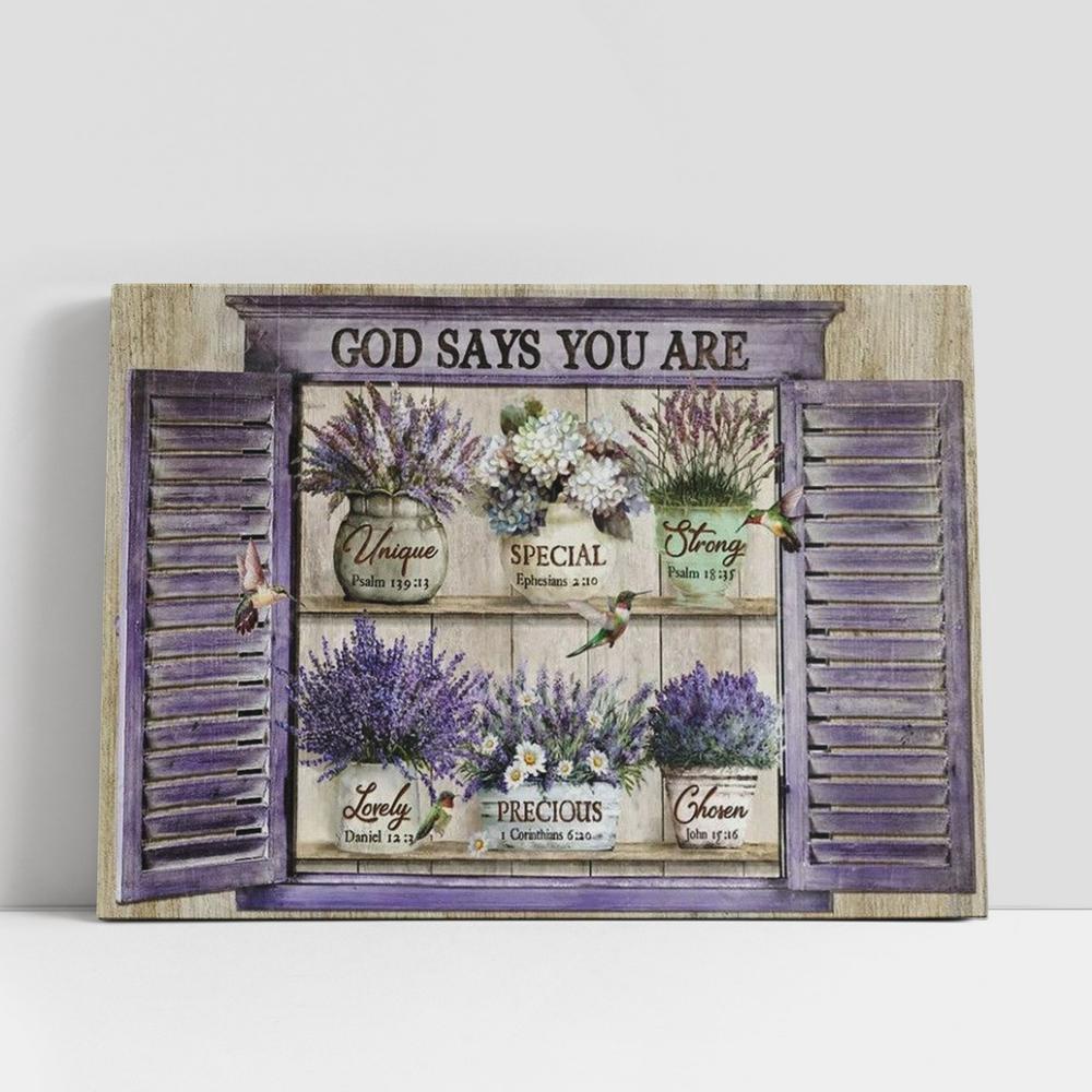 Christian Canvas Wall Art, Lavender Vase, Hummingbird, Purple Window, God Says You Are Canvas Poster