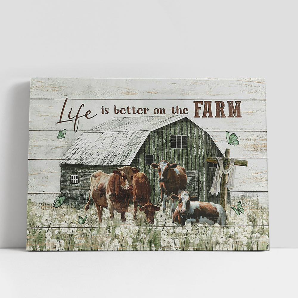Christian Canvas Wall Art, Life Is Better On The Farm Cow Dandelion Field Old Barn Canvas Wall Art