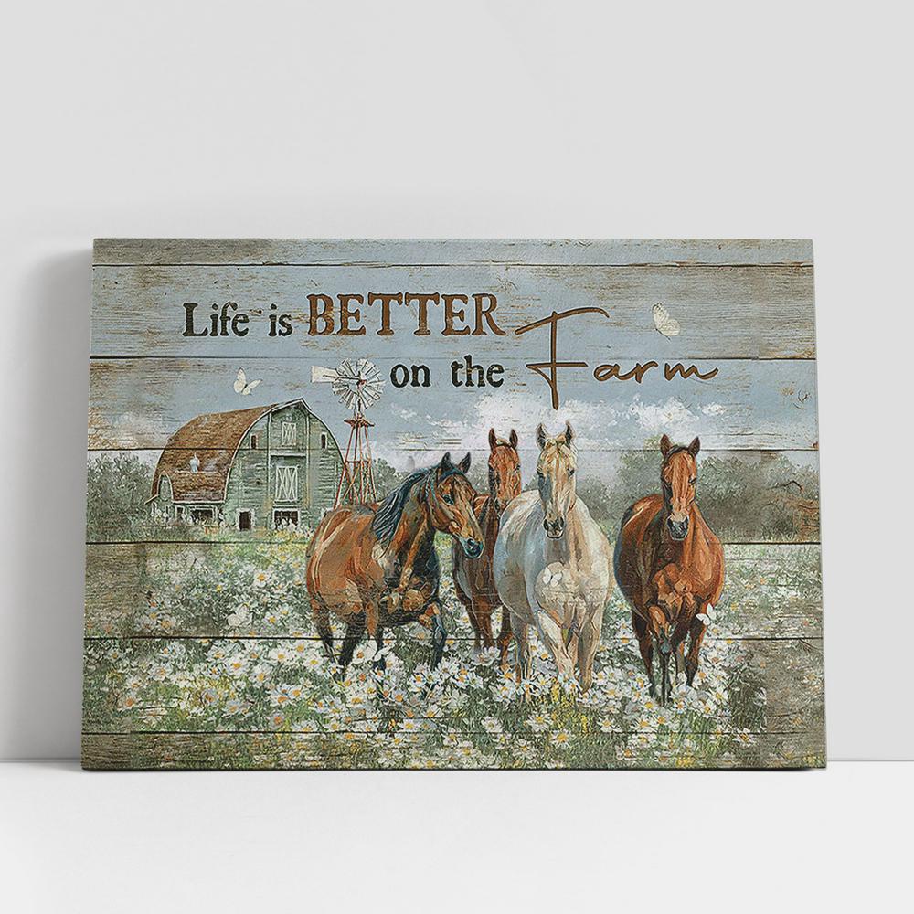 Christian Canvas Wall Art, Life Is Better On The Farm Running Horse Daisy Field Wall Art Canvas, Gifts For Horse Lovers