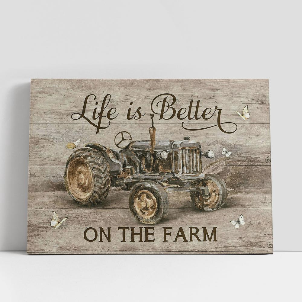 Christian Canvas Wall Art, Life Is Better On The Farm Tractor White Butterfly Canvas Art, Wall Decor Christian Gifts