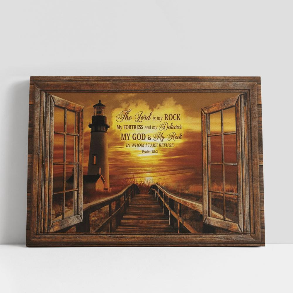 Christian Canvas Wall Art, Light House Sunset Painting My God Is My Rock In Whom I Take Refuge Canvas Poster Christian Canvas Wall Art, Light House Sunset Painting My God Is My Rock In Whom I Take Refuge Canvas Poster