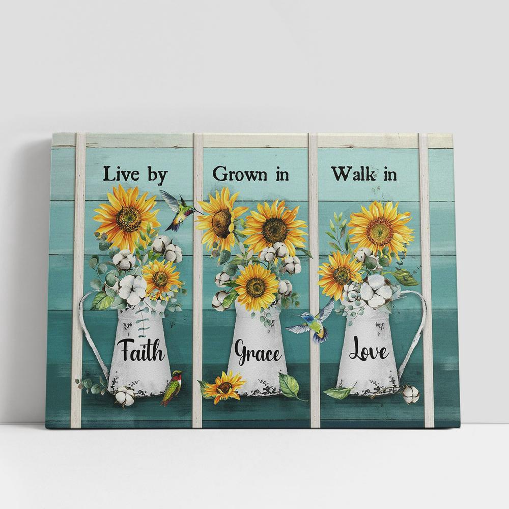 Christian Canvas Wall Art, Live By Faith Grown In Grace Sunflower Vase Hummingbird Canvas Art, Wall Decor Christian Gifts