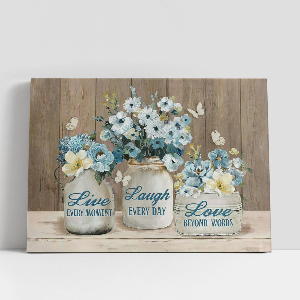 Christian Canvas Wall Art, Live Every Moment Laugh Every Day Pastel Flower Blue Butterfly Canvas Art, Christian Gifts Wall Art Decor