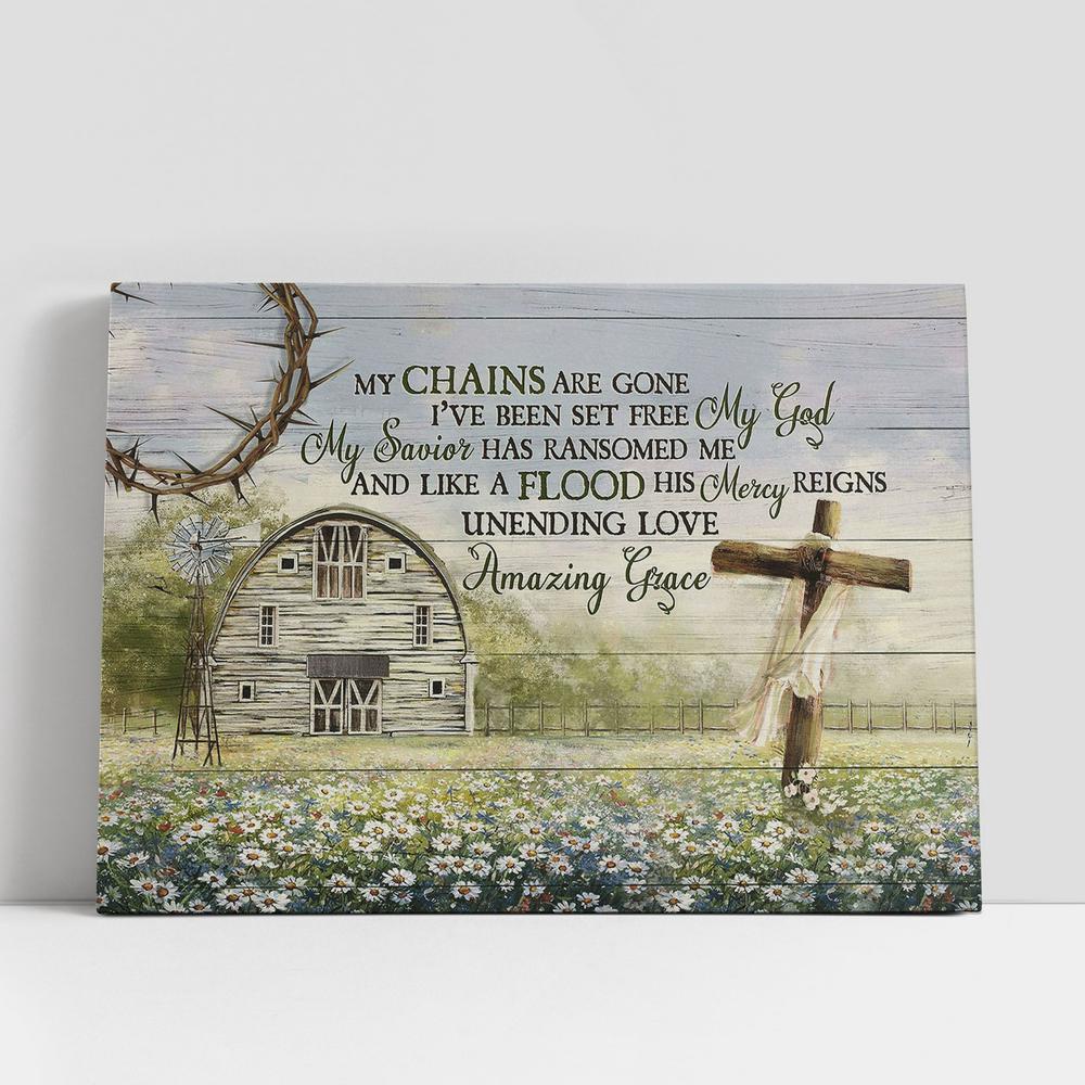 Christian Canvas Wall Art, My Chains Are Gone I’ve Been Set Free Daisy Wooden Cross Tranquil Farm Canvas Wall Art