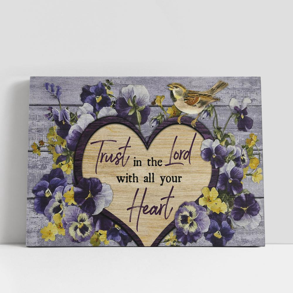 Christian Canvas Wall Art, Pansy Flower Little Bird Trust In The Lord Large Canvas