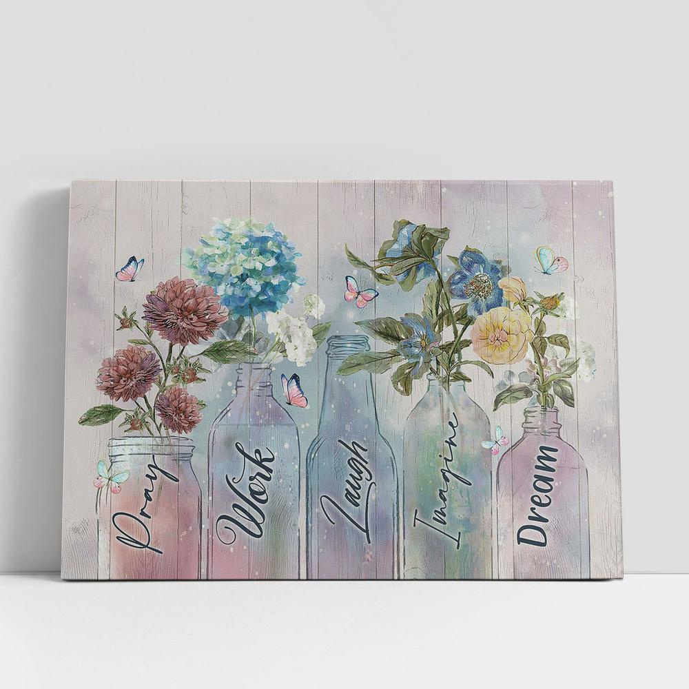 Christian Canvas Wall Art, Pray Work Laugh Blue Hydrangea Red Chrysanthemum Canvas Wall Art