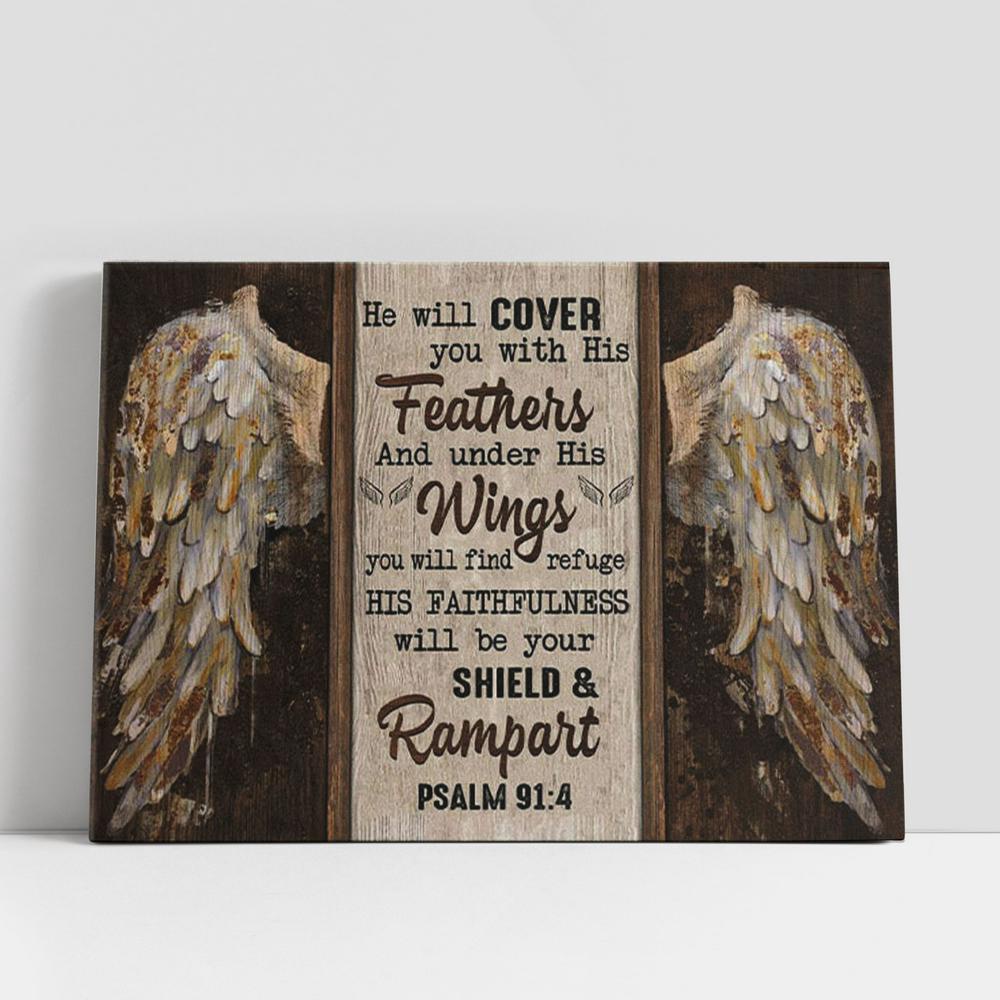 Christian Canvas Wall Art, Psalm 914 He Will Cover You With His Feathers Canvas Wall Art Decor