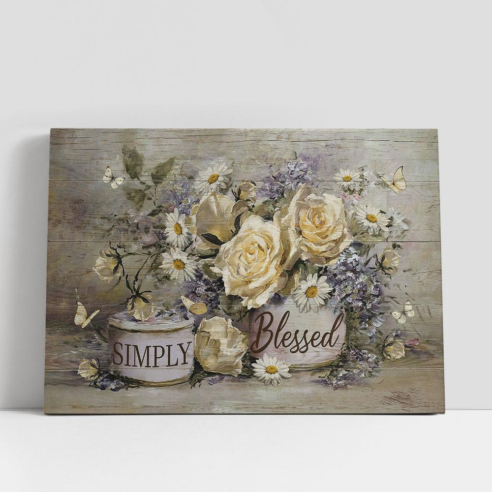 Christian Canvas Wall Art, Simply Blessed Vintage Flower Yellow Butterfly Canvas Wall Art Christian Canvas Wall Art, Simply Blessed Vintage Flower Yellow Butterfly Canvas Wall Art