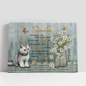 Christian Canvas Wall Art, Someday Everything Will Make Perfect Sense White Cat Daisy Vase Canvas Painting, Christian Canvas Art